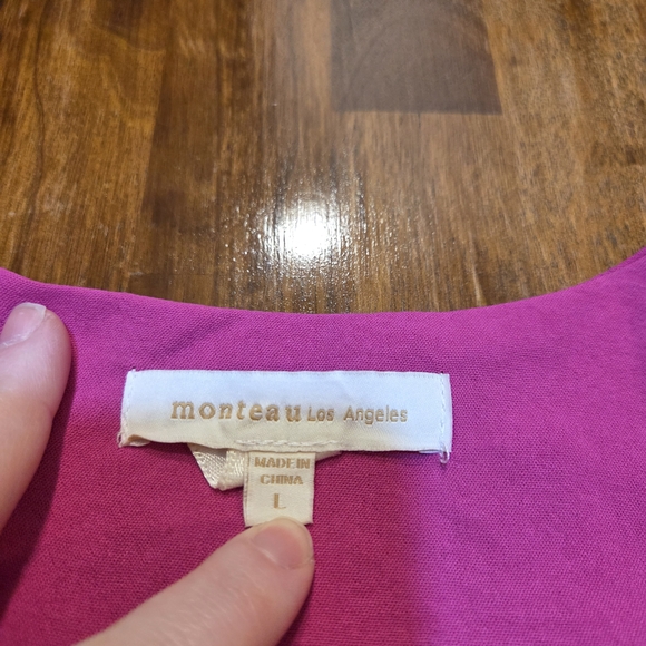 Monteau Vibrant Pink Midi Dress with cap flowy sleeves size Large cottegecore An - Picture 6 of 8